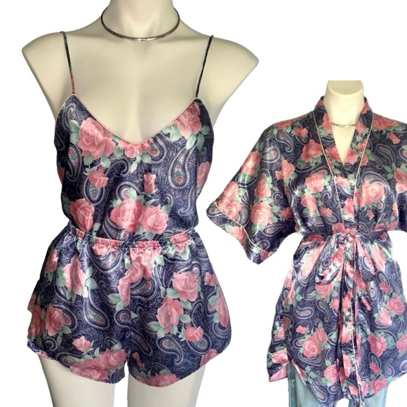 Vintage Other - s a t i n :: Silky Floral 3pc Set Satin Robe Shorts Camisole